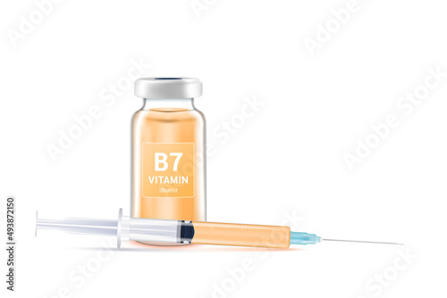 Serum collagen vitamin B7 inside bottle and syringe. Medicine injection of IV drip vitamin and minerals for health. Medical aesthetic concept. Glass vaccine bottle isolated on white background vector.