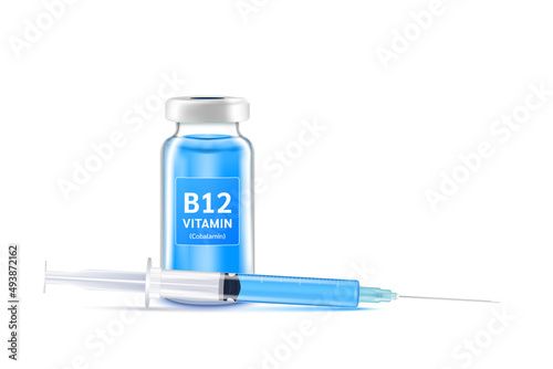 Serum collagen vitamin B12 inside bottle and syringe. Medicine injection of IV drip vitamin, minerals for health. Medical aesthetic concept. Glass vaccine bottle isolated on white background vector.