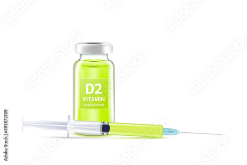 Serum collagen vitamin B2 inside bottle and syringe. Medicine injection of IV drip vitamin and minerals for health. Medical aesthetic concept. Glass vaccine bottle isolated on white background vector.