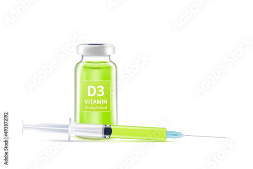 Serum collagen vitamin D3 inside bottle and syringe. Medicine injection of IV drip vitamin and minerals for health. Medical aesthetic concept. Glass vaccine bottle isolated on white background vector.