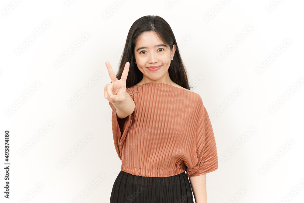 Showing Two Finger Of Beautiful Asian Woman Isolated On White Background Showing Two Finger Of Beautiful Asian Woman Isolated On White Background