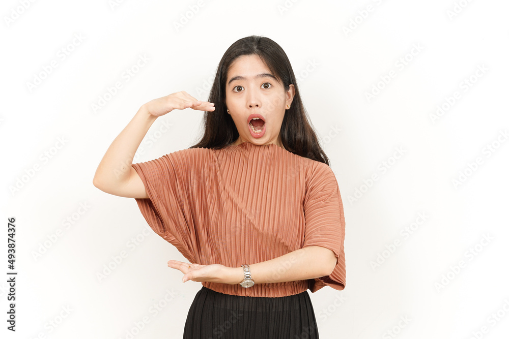 Measuring and Showing Big Sign Product Of Beautiful Asian Woman Isolated On White Background Measuring and Showing Big Sign Product Of Beautiful Asian Woman Isolated On White Background
