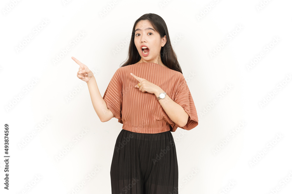 Showing Product and Pointing Side Of Beautiful Asian Woman Isolated On White Background Showing Product and Pointing Side Of Beautiful Asian Woman Isolated On White Background