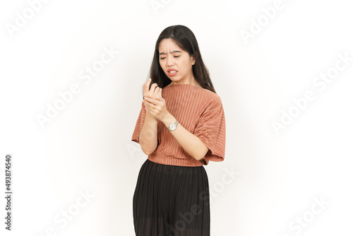 Suffering Hand Pain Of Beautiful Asian Woman Isolated On White Background © Sino Images Studio