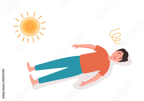 Guy fainting with heatstroke symptom from strong sunlight in flat design on white background.