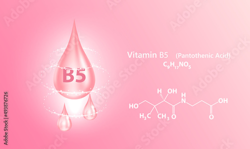 Structure vitamin B5 drop water collagen pink. 3D Realistic Vector. Medical and scientific concepts. Beauty treatment nutrition skin care design. Vitamin solution complex with Chemical formula nature.