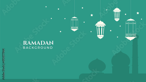 Islamic Ramadan background banner with mosque arabic pattern lantern moon crescent star. Design for Eid Adha, Eid Fitr, Muharram, Mawlid Nabi Prophet, Islamic New Year. Vector illustration.