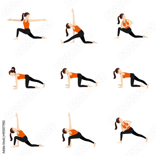 Yoga asanas set with twisted poses / Illustration stylized woman practicing twisted asanas
