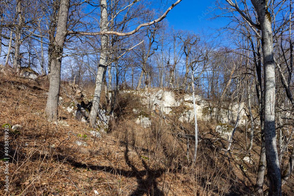 Winter mountain landscape on a sunny day, without snow cover, on observation decks. Winter mountain landscape on a sunny day, without snow cover, on observation decks.