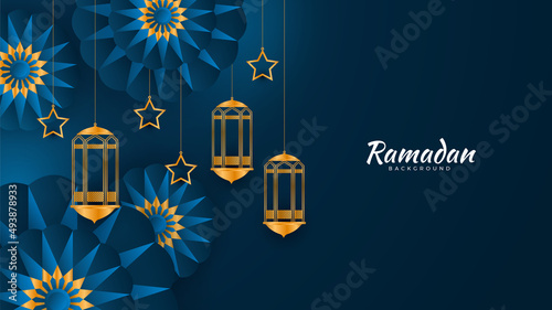 Islamic Ramadan background banner with mosque arabic pattern lantern moon crescent star. Design for Eid Adha, Eid Fitr, Muharram, Mawlid Nabi Prophet, Islamic New Year. Vector illustration.