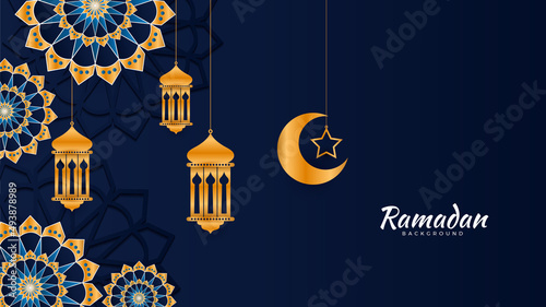 Islamic Ramadan background banner with mosque arabic pattern lantern moon crescent star. Design for Eid Adha, Eid Fitr, Muharram, Mawlid Nabi Prophet, Islamic New Year. Vector illustration.