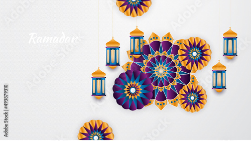 Islamic Ramadan background banner with mosque arabic pattern lantern moon crescent star. Design for Eid Adha, Eid Fitr, Muharram, Mawlid Nabi Prophet, Islamic New Year. Vector illustration.