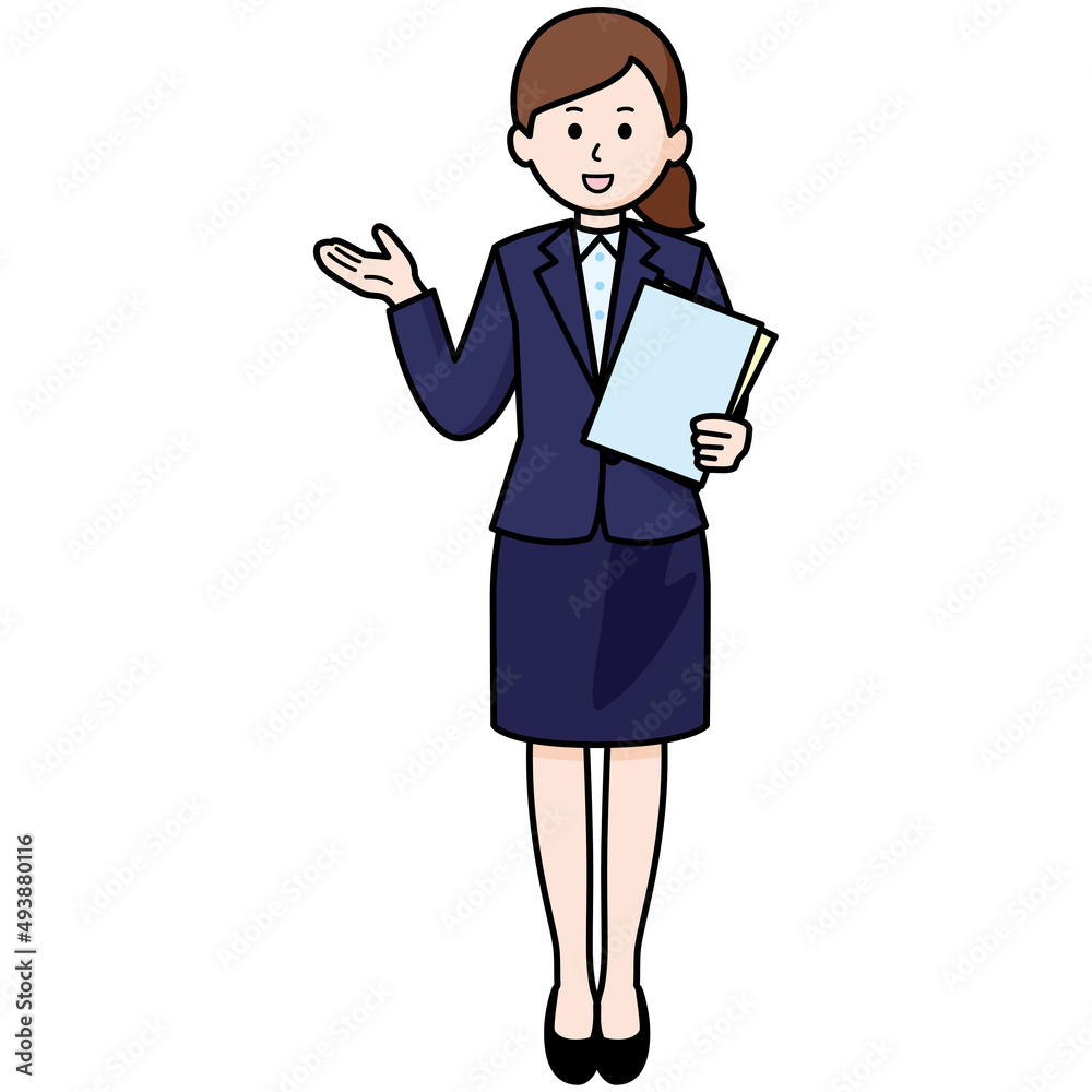 ファイルを持って案内するスーツの女性 ファイルを持って案内するスーツの女性