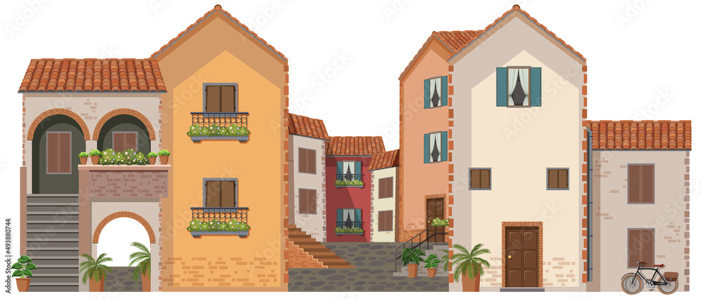 Brick buildings on white background