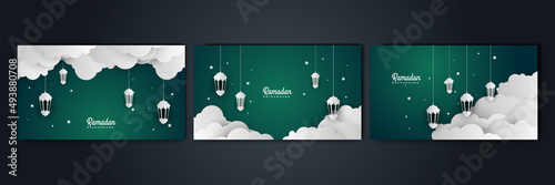 Islamic Ramadan background banner with mosque arabic pattern lantern moon crescent star. Design for Eid Adha, Eid Fitr, Muharram, Mawlid Nabi Prophet, Islamic New Year. Vector illustration.