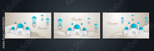 Islamic Ramadan background banner with mosque arabic pattern lantern moon crescent star. Design for Eid Adha, Eid Fitr, Muharram, Mawlid Nabi Prophet, Islamic New Year. Vector illustration.