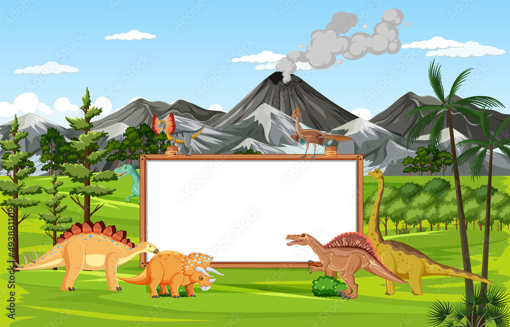 Scene with dinosaurs and whiteboard in the forest Scene with dinosaurs and whiteboard in the forest