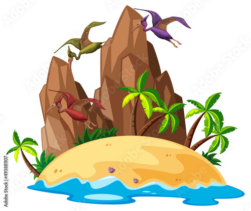 Scene with dinosaurs pteranodon on island