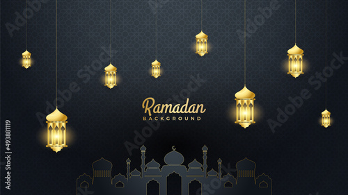 Islamic Ramadan background banner with mosque arabic pattern lantern moon crescent star. Design for Eid Adha, Eid Fitr, Muharram, Mawlid Nabi Prophet, Islamic New Year. Vector illustration.