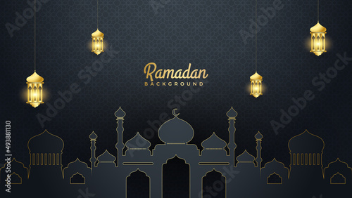 Islamic Ramadan background banner with mosque arabic pattern lantern moon crescent star. Design for Eid Adha, Eid Fitr, Muharram, Mawlid Nabi Prophet, Islamic New Year. Vector illustration.