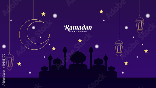 Islamic Ramadan background banner with mosque arabic pattern lantern moon crescent star. Design for Eid Adha, Eid Fitr, Muharram, Mawlid Nabi Prophet, Islamic New Year. Vector illustration.