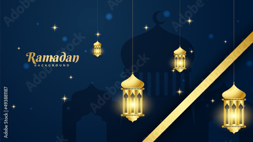 Islamic Ramadan background banner with mosque arabic pattern lantern moon crescent star. Design for Eid Adha, Eid Fitr, Muharram, Mawlid Nabi Prophet, Islamic New Year. Vector illustration.