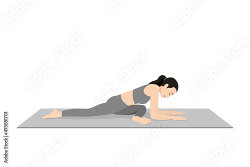 Sleeping Swan Pose Forearms. Beautiful girl practice Kapotasana Ii Forearms, Svarga Dvidasana. Young attractive woman practicing yoga exercise. working out, black wearing sportswear, grey pants