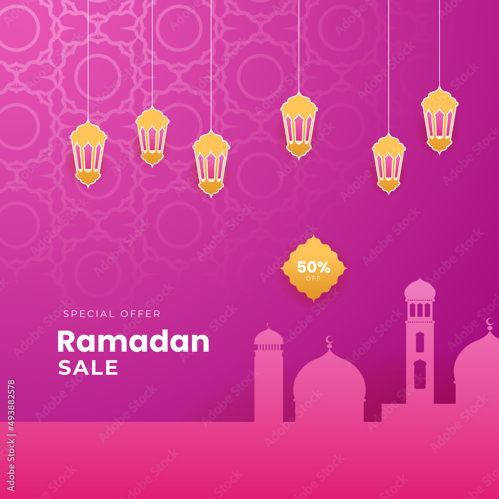 Islamic ramadan kareem sale social media post feed story template. Ramadan square greeting card for promotion marketing with islamic middle east mosque. Vector illustration.