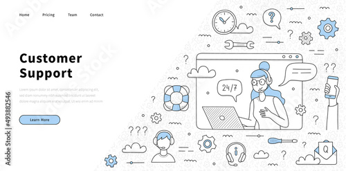 Customer support, help service, call center banner. Vector landing page with doodle illustration of hotline with girl operator in headset with laptop, message with question, lifebuoy and phone