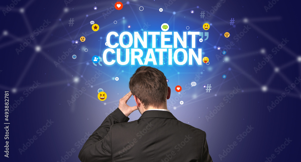 Rear view of a businessman, social media concept Rear view of a businessman, social media concept