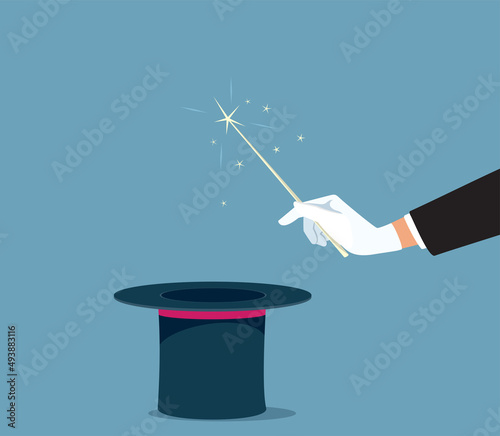 Billede på lærred Magician Hand with Magic Wand and Hat Vector Cartoon