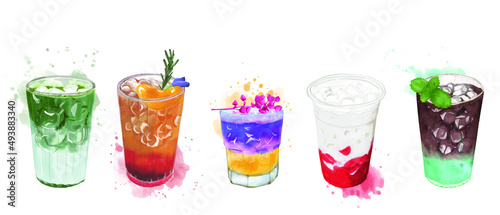 Watercolor vector of colorful drinks in glasses