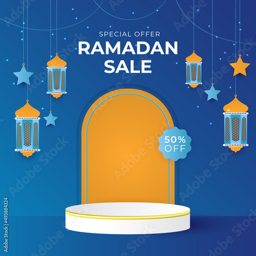 Islamic ramadan kareem sale social media post feed story template. Ramadan square greeting card for promotion marketing with islamic middle east mosque. Vector illustration.