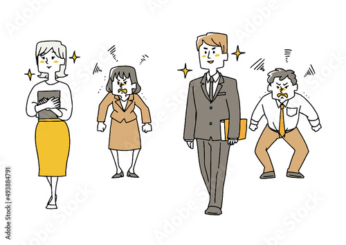 人を妬んでいる人々のセット　コミカルな手書きの人物　ベクター、線画にシンプルな色つけ　
