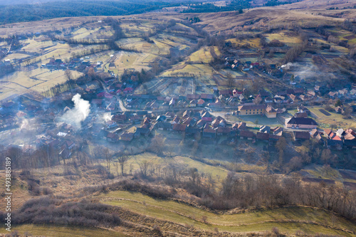 Aerial view of a small countryside village in the autumn