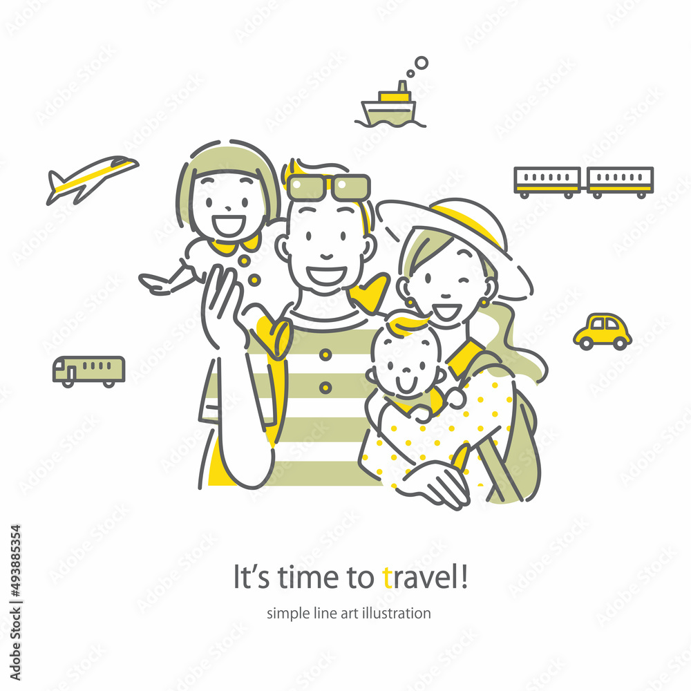 旅行を楽しむ若い4人家族　シンプルでお洒落な線画イラスト
