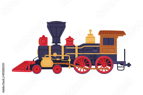 Vintage Steam Locomotive or Engine as Rail Transport Vehicle Vector Illustration
