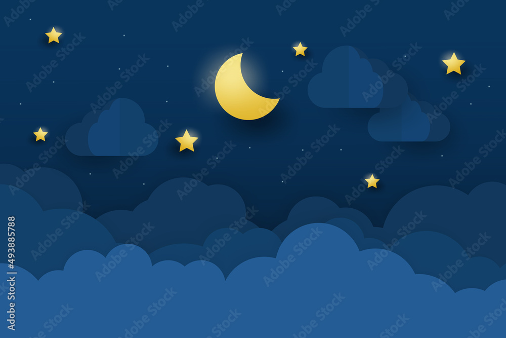 night sky with stars and moon. paper art style. Dreamy background with moon  stars and clouds, abstract fantasy background. Half moon, stars and clouds  on the dark night sky background. Stock Vector |
