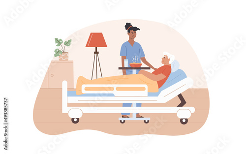 Doctor or nurse visit patient at old age home. Medical worker working at hospital. Sick senior man lying on bed. Home care services for elderly people. Residential care facility. Vector illustration.