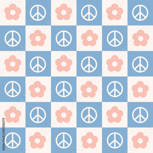 Checkerboard seamless pattern with geometric shaped flowers and peace symbols. Trendy vector background in retro style 60s, 70s. Pastel colors 