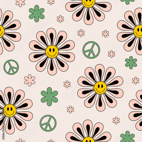 Retro groovy seamless pattern with cute smiling flowers and peace symbols on pastel background.  Colorful trendy vector illustration in style 70s, 80s