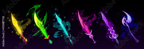 Magic weapon, swords, axes and knives for game interface. Vector cartoon set of fantasy metal longswords, blades and hatchet with mystic light isolated on black background