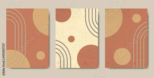 Set of minimal geometric artistic design posters, vector template with primitive shapes elements