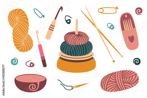 Knitting tools and wool yarn set. Craft and handmade needlework design elements. Vector flat illustration, isolated, cartoon, clipart.
