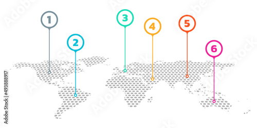 World map infographic with pointer marks, pin or point signs. Business presentation info graphic design with 6 steps. Vector illustration.
