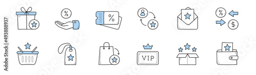 Set of loyalty program doodle icons gift box, hand with percent sign, sale coupon or tag, envelope, shopping basket and bag, vip client card, stars in box and wallet, Line art vector illustration