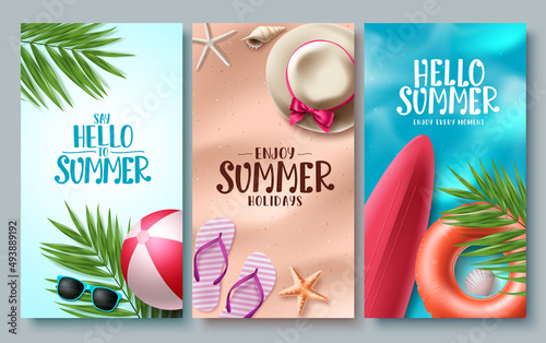 Summer vector poster set design. Hello summer greeting text collection with beach elements for tropical season background. Vector illustration. 
