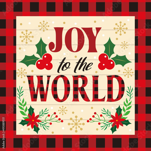 christmas greeting card with holly berry and text joy to the world