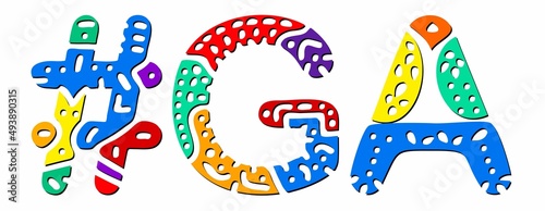 GA Hashtag. Multicolored bright isolate curves doodle letters. Hashtag #GA is abbreviation for the US American state Georgia for social network, web resources, mobile apps.