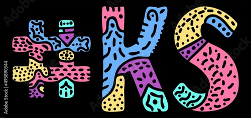 KS Hashtag. Multicolored bright isolate curves doodle letters. Hashtag #KS is abbreviation for the US American state Kansas for social network, web resources, mobile apps.